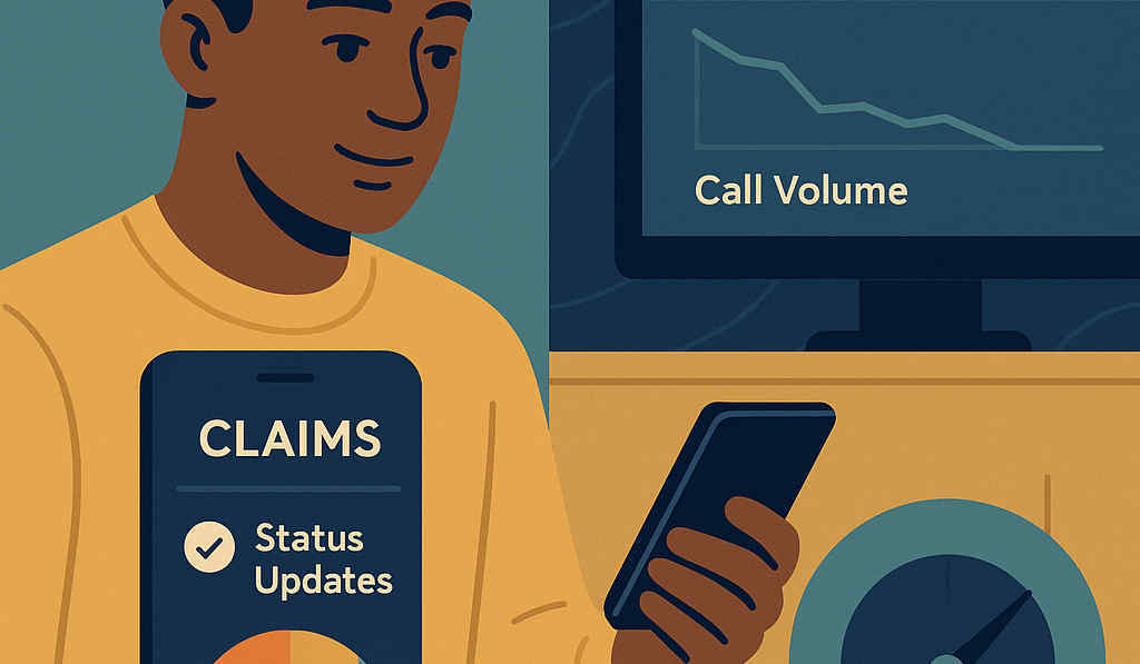Policyholder using a mobile claims app with rising NPS gauge and fewer contact center calls.