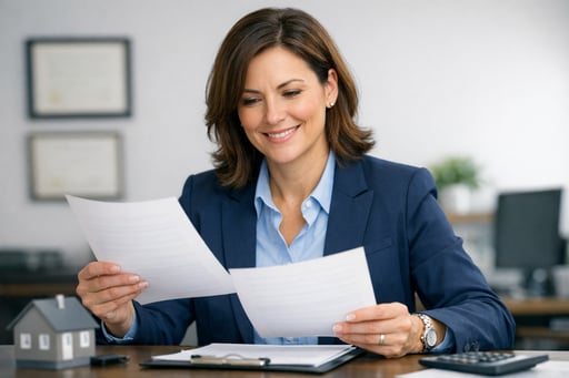 Insurance professional confidently reviewing policy documents with clear understanding