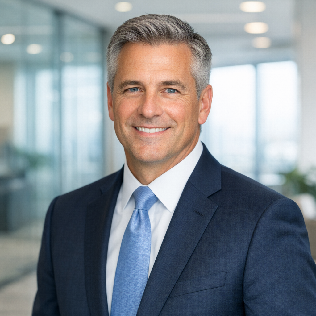 Professional headshot of insurance executive in clean modern office setting