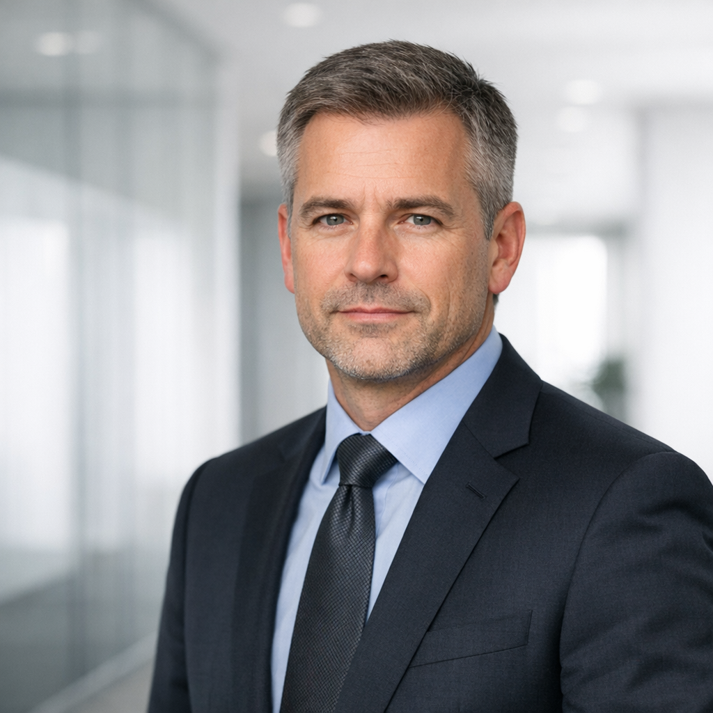 Professional headshot of risk management director in minimalist corporate environment